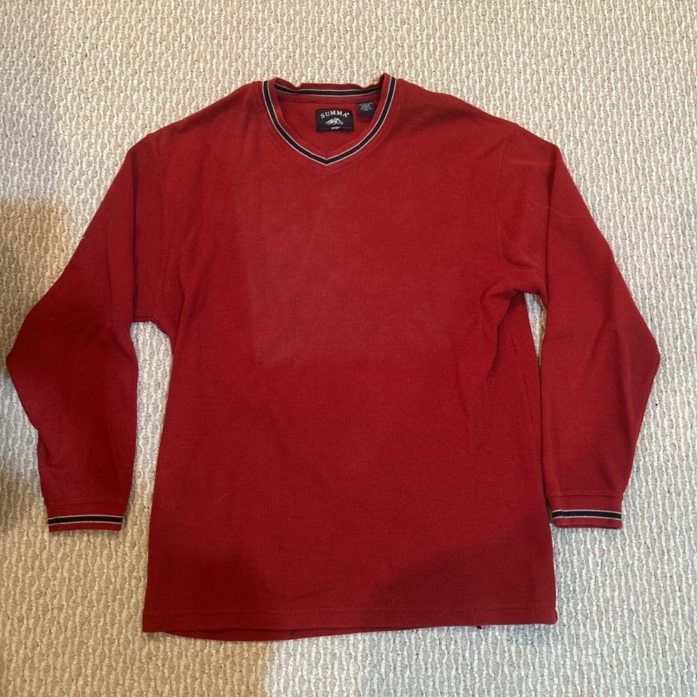 Red V-Neck Sweater with Striped Trim